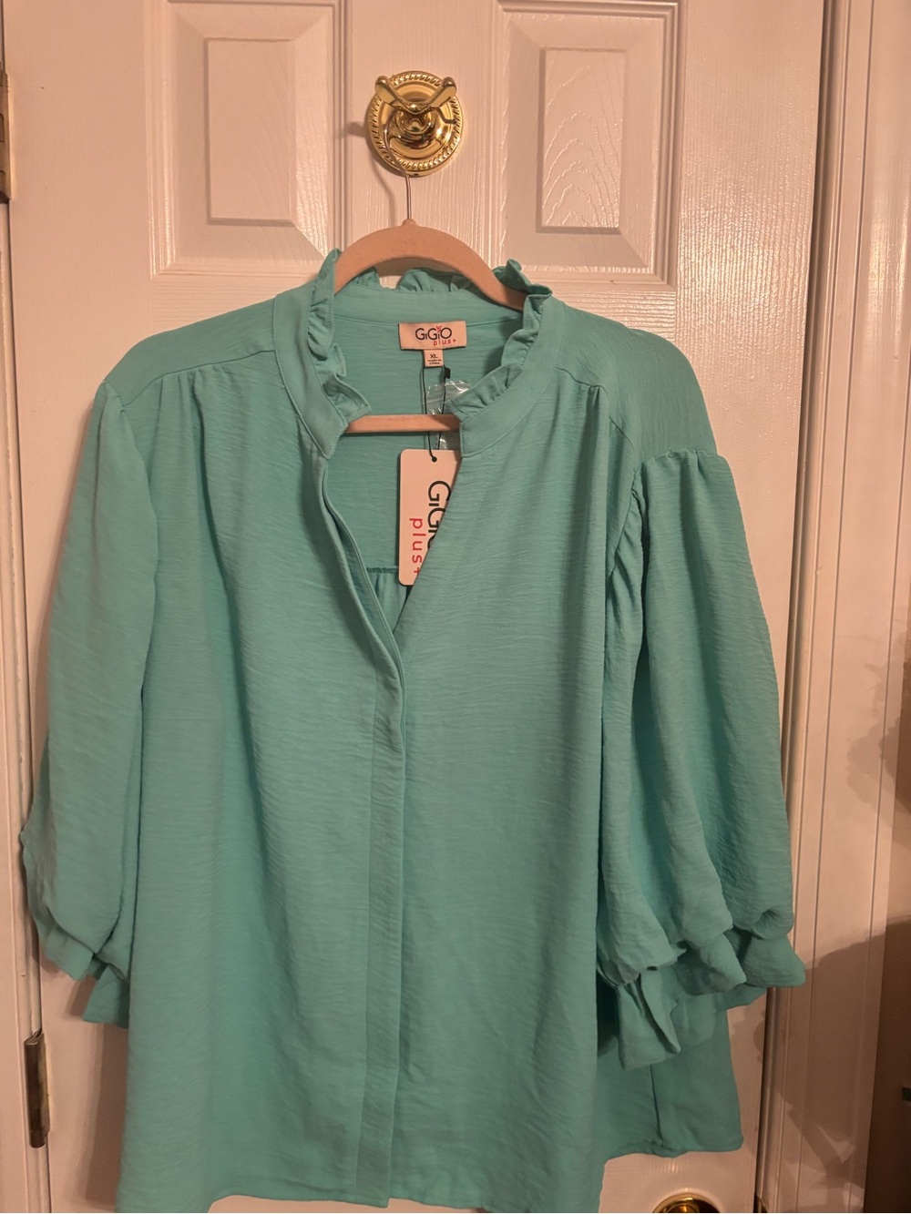 G.GIO Plus Size Teal Ruffle-Neck Blouse